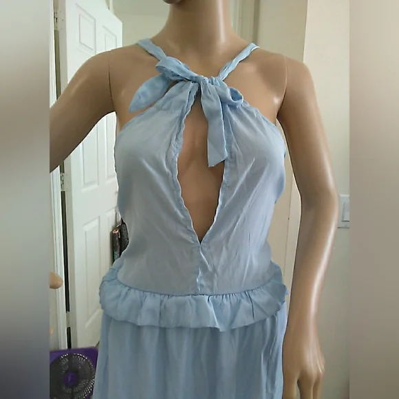 NWOT Sky Blue Backless Halter Dress SZ. MED ADJ. STRAPS W/ POCKETS - Picture 2 of 9